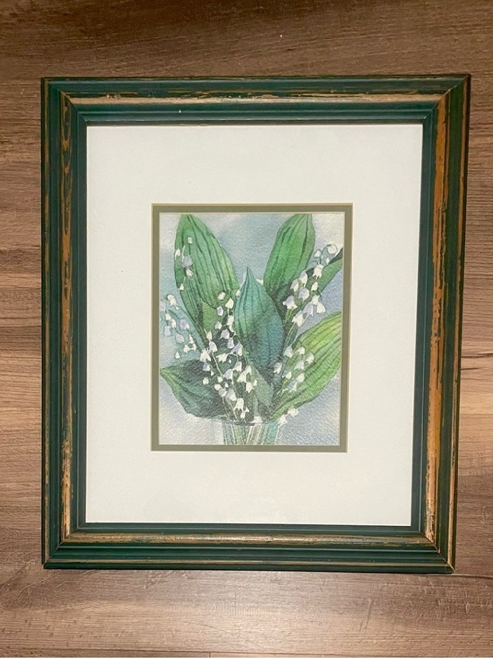 Framed Botanical Lily of the Valley Watercolor in Rustic Green Frame!